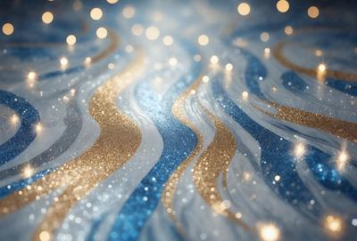 The primary subject of the image is a blue and gold swirling pattern. The setting is a blue background, and the visual style appears to be a digital art or illustration. The dominant colors are blue and gold, creating a vibrant and lively atmosphere.