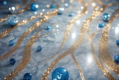 The primary subject of the image is a marble surface with a pattern of gold and blue swirls. The setting is a room with a blue and gold marble table. The visual style is a combination of digital art and illustration, creating a unique and eye-catching design. The colors and mood of the image are predominantly blue and gold, giving it a luxurious and elegant appearance.