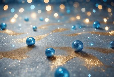 The primary subject of the image is a close-up of a blue ball, which is the main object in the scene. The setting is a blue background, and the visual style appears to be a digital art or illustration. The dominant colors in the image are blue and gold, creating a calm and serene atmosphere.