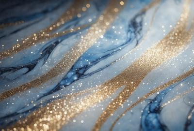 The primary subject of the image is a close-up of a blue and gold marbled surface. The setting is a blue and gold marbled surface, which serves as the background. The visual style is a close-up of the marbled surface, showcasing the intricate patterns and colors. The dominant colors are blue and gold, creating a luxurious and elegant atmosphere.