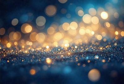 The primary subject of the image is a brightly lit, blue background with a pattern of sparkling lights. The setting appears to be a dark room, and the visual style is a combination of a photo and digital art. The dominant colors are blue and white, creating a serene and calming atmosphere.