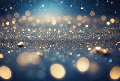 The primary subject of the image is a close-up of a blue background with a pattern of glittering lights. The setting appears to be a dark room, and the visual style is a combination of a photo and digital art. The dominant colors are blue and white, creating a serene and calming atmosphere.