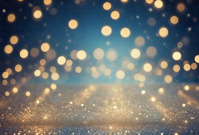 The primary subject of the image is a brightly lit, glittering background with a blue hue. The setting is a dark background, which contrasts with the bright lights. The visual style is a combination of a photo and digital art, creating a unique and eye-catching effect. The colors and mood are predominantly blue and bright, giving the image a lively and energetic atmosphere.