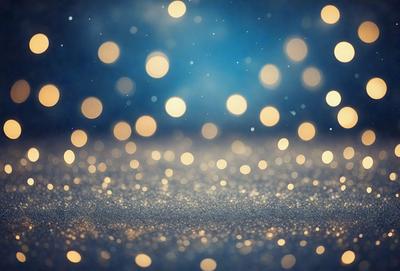 The primary subject of the image is a close-up of a shiny, glittering surface, possibly a blue background or a shiny floor. The setting appears to be a dark room with a few lights, creating a visually striking contrast. The visual style of the image is a combination of a photo and digital art, as it captures the light reflecting off the surface and creates a unique, eye-catching pattern. The colors and mood of the image are predominantly dark and moody, with the glitter
