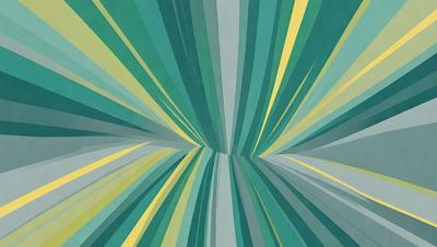 The primary subject of the image is a colorful, abstract design featuring a mix of green, yellow, and blue colors. The setting is a large, open space with a backdrop of a green and yellow striped pattern. The visual style is a combination of digital art and illustration, creating a vibrant and dynamic atmosphere. The colors and mood of the image are lively and energetic, with the green and yellow hues evoking a sense of freshness and vitality.