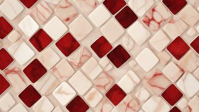 The primary subject of the image is a marble tile with a red and white pattern. The setting is a wall, and the visual style is a close-up of the tile. The dominant colors are red and white, creating a bold and striking pattern.