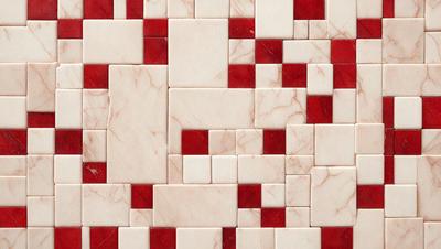 The primary subject of the image is a marble tile wall with a red and white checkered pattern. The setting is a room with a marble floor, and the visual style is a close-up of the tile wall. The dominant colors are red and white, creating a bold and striking appearance.