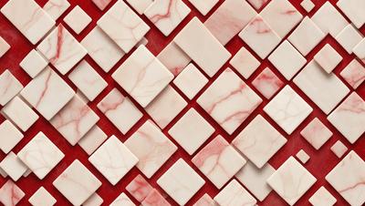 The primary subject of the image is a marble tile pattern, which is displayed on a red background. The setting is a wall, and the visual style is a close-up of the marble tile pattern. The colors and mood of the image are predominantly red and marble, giving it a warm and elegant appearance.