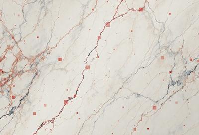 The primary subject of the image is a marble wall with a pattern of red dots. The setting is a bathroom, and the visual style is a photo. The dominant colors are red and white, creating a bold and striking atmosphere.