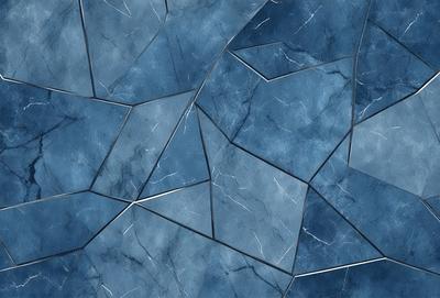 The primary subject of the image is a blue tile with a pattern of triangles. The setting is a blue wall, and the visual style is a close-up of the tile. The dominant colors are blue and white, creating a calm and soothing atmosphere.