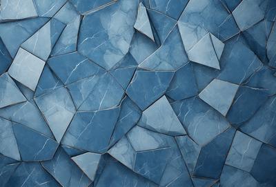 The primary subject of the image is a blue tile wall with a pattern of triangles. The setting is a room with a blue tile floor. The visual style is a close-up of the blue tile wall, showcasing the intricate pattern of triangles. The dominant colors are blue and white, creating a calm and soothing atmosphere.