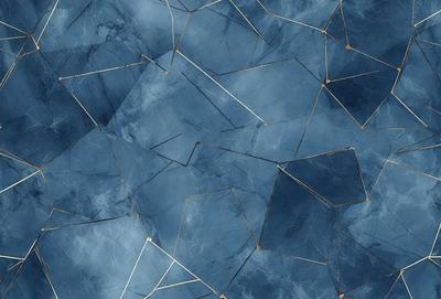 The primary subject of the image is a blue marble wall with a pattern of gold lines. The setting is a room with a blue background. The visual style is a combination of a photo and digital art, creating a unique and intricate design. The dominant colors are blue and gold, giving the wall a sophisticated and elegant appearance.