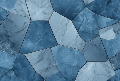 The primary subject of the image is a blue and white marble tile pattern. The setting is a blue and white marble tile wall, which serves as the background. The visual style is a close-up of the tile pattern, showcasing the intricate design. The colors and mood of the image are predominantly blue and white, creating a clean and elegant atmosphere.