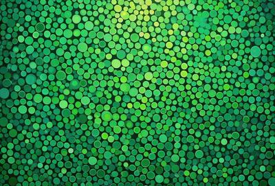 The primary subject of the image is a close-up of a green background with a pattern of green circles. The setting appears to be a painting or a digital artwork, as the circles are arranged in a visually appealing manner. The visual style is a mix of photo and digital art, creating a unique and vibrant atmosphere. The dominant colors are green, which gives the image a fresh and lively feel.