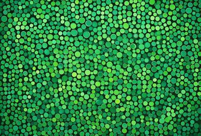 The primary subject of the image is a close-up of a green background with a pattern of green circles. The setting appears to be a wall or a surface with a green pattern. The visual style of the image is a close-up of the green circles, which gives it a digital art or illustration appearance. The colors and mood of the image are predominantly green, creating a calm and soothing atmosphere.