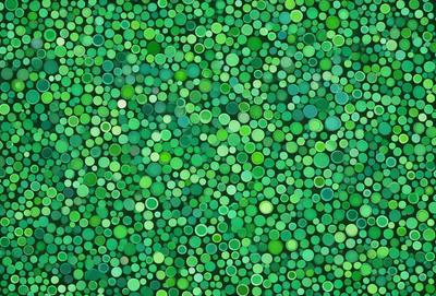 The primary subject of the image is a green background with a pattern of green circles. The setting is a close-up of the green background, which creates a visually appealing and vibrant scene. The visual style is a combination of a photo and a digital art, as the green circles have a slightly digital appearance. The colors and mood of the image are predominantly green, creating a calm and soothing atmosphere.