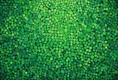 The primary subject of the image is a close-up of a green background with a pattern of green circles. The setting appears to be a painting or a digital artwork, as the circles are arranged in a visually appealing manner. The visual style is a mix of photo and digital art, creating a vibrant and lively atmosphere. The dominant colors are green, which gives the image a fresh and natural feel.