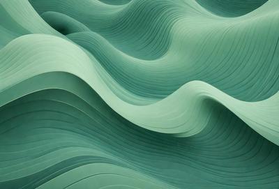 The primary subject of the image is a large, curved, and wavy green surface, which appears to be a digital art or illustration. The setting is a dark background, and the visual style is a combination of a photo and a digital art or illustration. The colors and mood of the image are predominantly green, creating a sense of depth and movement.