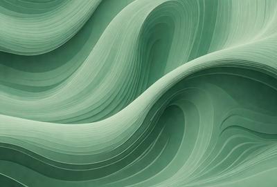 The primary subject of the image is a large, curved, and wavy green surface, which appears to be a piece of art or a sculpture. The setting is a room with a wall, and the visual style is a combination of digital art and illustration. The colors and mood of the image are predominantly green, creating a sense of calmness and tranquility.