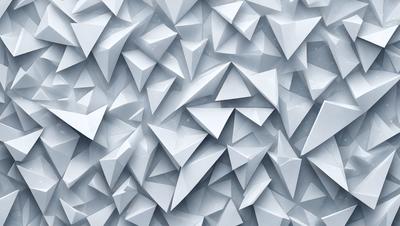 The primary subject of the image is a large, white, geometric pattern made up of triangles. The pattern is composed of many small triangles, creating a visually striking and intricate design. The setting is a white wall, which serves as a clean and uncluttered backdrop for the pattern. The visual style of the image is a combination of digital art and illustration, as the triangles are carefully crafted and arranged to create a cohesive and harmonious design. The colors and mood of the image are