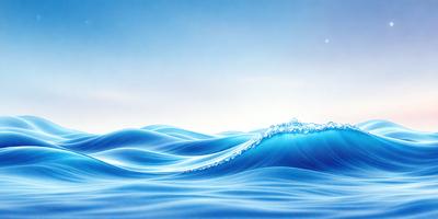 The primary subject of the image is a large body of blue water with a wave. The setting is a clear blue sky, and the visual style is a digital art or illustration. The dominant colors are blue and white, creating a serene and calming atmosphere.
