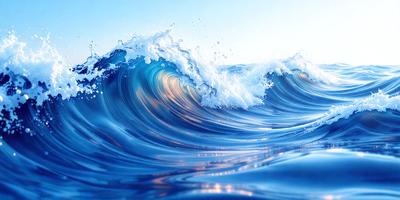 The primary subject of the image is a large wave in the ocean. The wave is blue and white, and it appears to be crashing onto the ocean surface. The setting is the open ocean, with no visible land or other objects in the background. The visual style of the image is a photo, capturing the natural beauty of the ocean and its waves. The dominant colors in the image are blue and white, creating a serene and calming atmosphere.