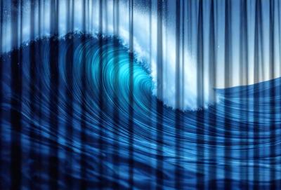 The primary subject of the image is a large wave in the ocean. The wave is blue and white, and it appears to be crashing onto the shore. The setting is the ocean, with the wave being the main focus of the image. The visual style is a combination of photo and digital art, creating a realistic yet artistic representation of the wave. The dominant colors are blue and white, with the blue wave contrasting against the white ocean foam. The overall atmosphere of the image is dynamic and powerful, capturing the raw energy