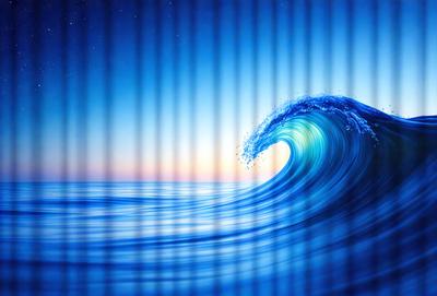 The primary subject of the image is a large wave in the ocean. The wave is captured in a digital art style, with a blue and white color scheme. The setting is the ocean, with the sun visible in the background, creating a serene and peaceful atmosphere.