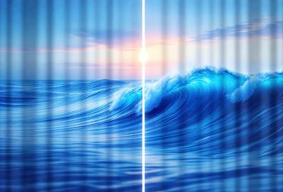 The primary subject of the image is a large wave in the ocean. The setting is the ocean, with the sun shining on the water. The visual style is a digital art or illustration, creating a vibrant and dynamic scene. The dominant colors are blue and white, with the blue representing the ocean and the white representing the wave. The overall atmosphere is energetic and captivating.