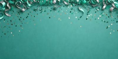 The primary subject of the image is a green background with a pattern of gold confetti. The setting is a blue wall, and the visual style is a combination of a photo and digital art. The dominant colors are green and gold, creating a lively and festive atmosphere.
