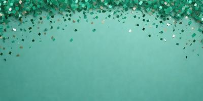 The primary subject of the image is a green background with a pattern of green and gold confetti. The setting is a blue wall, and the visual style appears to be a digital art or illustration. The dominant colors are green and gold, creating a lively and festive atmosphere.