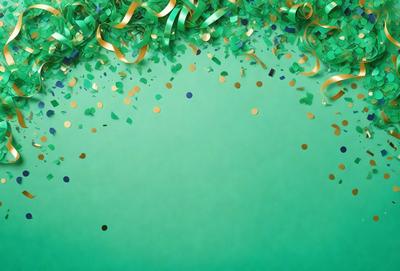 The primary subject of the image is a green background with gold and green confetti. The setting is a green surface, and the visual style is a patterned background. The colors and mood of the image are predominantly green and gold, creating a festive and celebratory atmosphere.