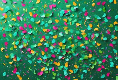 The primary subject of the image is a close-up of a colorful confetti background. The setting is a green surface, possibly a table or a wall. The visual style is a combination of photo and digital art, creating a vibrant and lively atmosphere. The dominant colors are green, yellow, pink, and orange, which contribute to a cheerful and festive mood.
