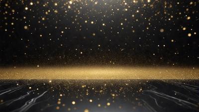 The primary subject of the image is a close-up of a shiny, reflective surface with a pattern of gold glitter. The setting is a dark background, which contrasts with the bright, shiny surface. The visual style is a combination of a photo and digital art, creating a unique and eye-catching effect. The colors and mood of the image are predominantly gold and shiny, giving it a warm and luxurious atmosphere.