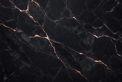 The primary subject of the image is a black marble countertop with a pattern of gold veins running through it. The setting is a kitchen, and the visual style is a close-up of the marble countertop. The colors and mood of the image are predominantly black and gold, creating a luxurious and elegant atmosphere.