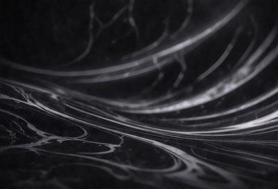The primary subject of the image is a black and white marble pattern. The setting is a dark background, which contrasts with the marble pattern. The visual style is a combination of a photo and a digital art, illustration, or drawing. The colors and mood are predominantly black and white, creating a sense of depth and contrast.