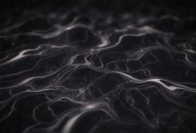 The primary subject of the image is a black and white marble-like surface with a pattern of waves. The setting is a dark background, which contrasts with the marble pattern. The visual style is a combination of a photo and a digital art, illustration, or drawing. The dominant colors are black and white, with the marble pattern adding a touch of gray. The overall atmosphere is elegant and sophisticated.