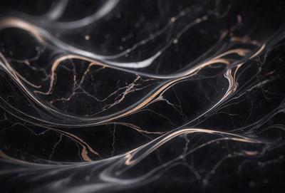 The primary subject of the image is a marble countertop with a black background. The countertop features a pattern of swirls and curves, giving it a unique and elegant appearance. The visual style of the image is a close-up of the marble countertop, showcasing its intricate design. The colors and mood of the image are predominantly black and white, with the marble countertop serving as the focal point.