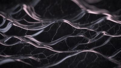 The primary subject of the image is a close-up of a marble surface with a pattern of waves etched into it. The setting is a dark room, and the visual style appears to be a combination of a photo and digital art. The dominant colors are black and white, with the marble surface adding a touch of gray. The overall atmosphere is elegant and sophisticated.