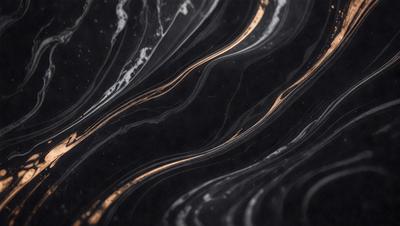 The primary subject of the image is a black and white patterned surface, which appears to be a marble or stone texture. The setting is a dark background, which contrasts with the patterned surface. The visual style is a close-up of the pattern, showcasing the intricate details of the design. The colors and mood of the image are predominantly dark, with the patterned surface being the main focus and source of visual interest.