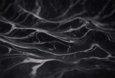 The primary subject of the image is a black and white marble pattern. The setting is a dark background, which contrasts with the marble pattern. The visual style is a close-up of the marble pattern, showcasing its intricate details. The colors and mood of the image are predominantly dark, with the marble pattern being the main focus and source of visual interest.