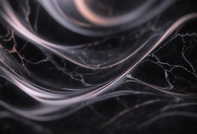 The primary subject of the image is a marble countertop with a patterned design. The setting is a dark room, and the visual style appears to be a photo. The countertop has a black and white color scheme, giving it a classic and elegant appearance.