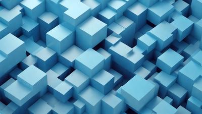 The primary subject of the image is a blue, three-dimensional grid made up of many small blue squares. The setting is a blue background, which creates a visually striking contrast with the blue grid. The visual style is a digital art or illustration, as the grid appears to be a part of a larger, more complex design. The colors and mood of the image are predominantly blue, giving it a calm and serene atmosphere.