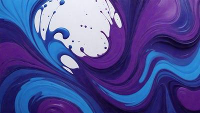 The primary subject of the image is a painting of a wave, featuring a mix of purple and blue colors. The setting is a white background, which provides a clean and minimalist appearance. The visual style is a combination of digital art and illustration, creating a unique and artistic representation of the ocean wave. The dominant colors in the painting are purple and blue, which evoke a sense of calmness and tranquility.