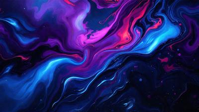The primary subject of the image is a vibrant, colorful, and abstract painting. The painting features a mix of purple, blue, and red hues, creating a visually striking and dynamic scene. The setting is a dark background, which contrasts with the bright colors of the painting. The visual style of the image is a combination of digital art and illustration, showcasing the artist's creativity and skill in creating a unique and captivating piece of art. The overall atmosphere of the painting is energet