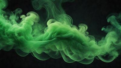 The primary subject of the image is a green, swirling, and misty cloud. The setting is a dark background, which contrasts with the vibrant green color of the cloud. The visual style is a close-up of the cloud, emphasizing its texture and movement. The colors and mood of the image are predominantly green, creating a sense of tranquility and natural beauty.
