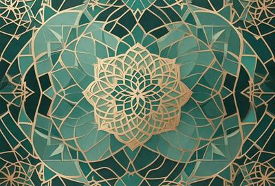 The primary subject of the image is a large, intricate, and colorful flower design. The setting is a blue background, which complements the vibrant colors of the flower. The visual style is a combination of digital art and illustration, creating a unique and eye-catching pattern. The dominant colors are blue and green, giving the image a calming and serene atmosphere.