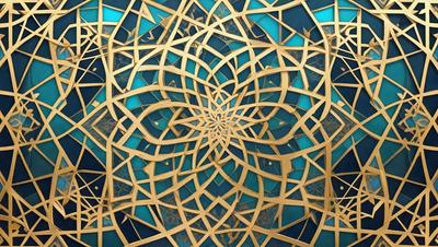 The primary subject of the image is a gold and blue geometric pattern. The setting is a blue background, and the visual style appears to be a combination of digital art and illustration. The dominant colors are gold and blue, creating a sense of harmony and balance in the design.