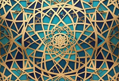 The primary subject of the image is a gold and blue geometric pattern. The setting is a blue background, and the visual style appears to be a combination of digital art and illustration. The dominant colors are gold and blue, creating a sense of harmony and balance in the design.
