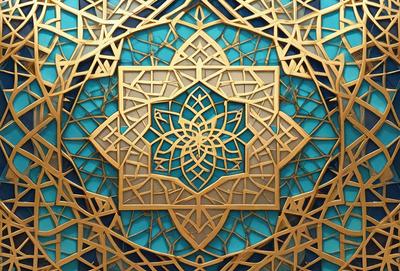 The primary subject of the image is a gold and blue geometric design, which appears to be a decorative piece or a part of a larger artwork. The setting is a blue background, which complements the gold and blue colors of the design. The visual style of the image is a combination of digital art and illustration, creating a unique and intricate pattern. The colors and mood of the image are predominantly gold and blue, giving it a warm and inviting atmosphere.